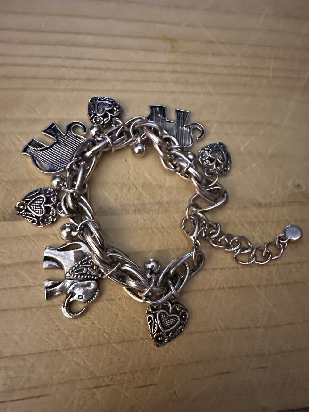 Silver Charm Bracelet with Hearts and Elephant Charms